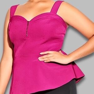 City Chic Peplum Top Front Zipper Wide Straps Ribbed Panel Hot Pink Women’s L/20